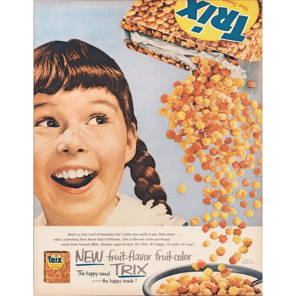 1956 Trix Sugar Cereal Vintage Print Ad Smiling Girl Pig Tails Braided Hair 50s